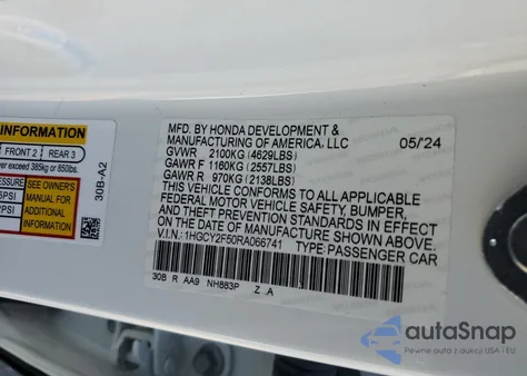 2024 Honda Accord Hybrid Sport из США, поврежденный, VIN 1HGCY2F50RA066741